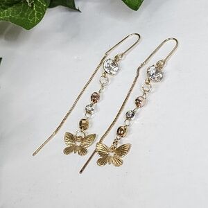 Gold Filled Threader Earrings Dangle Butterfly with Zirconia